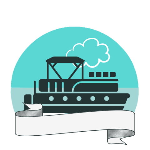 Logo with boat illustration, 'San Diego Pontoon Party' text, and ribbon.
